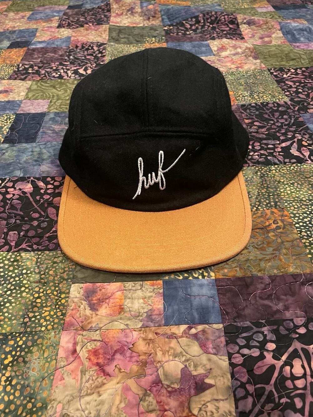 HUF Wool Adjustable Script Volley 5 Panel Cap Black and Camel Brim